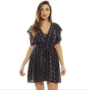 Target Black & White Geometric Pattern Cover Up Dress with Low Cut Front Tie